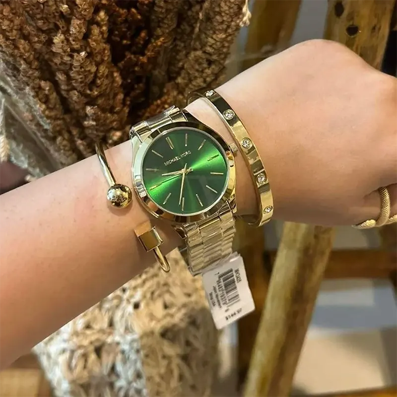 Michael Kors Slim Runway Green Dial Ladies Watch- MK3435